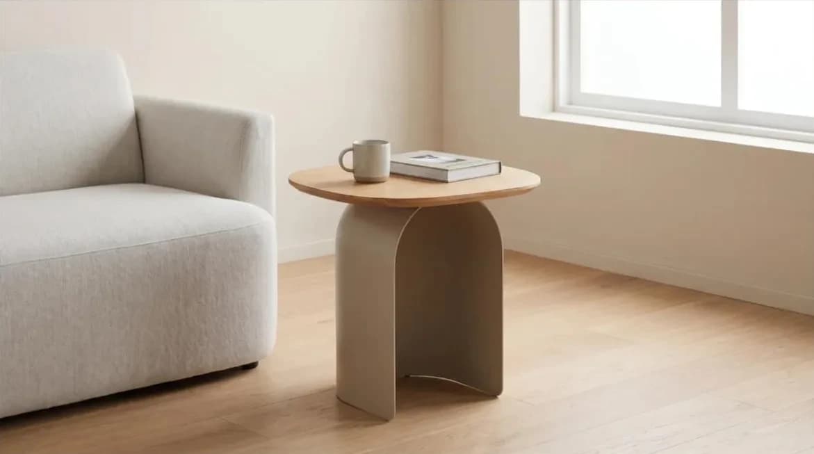 Mesa de apoio com base de chapa curvada ao lado da poltrona clara