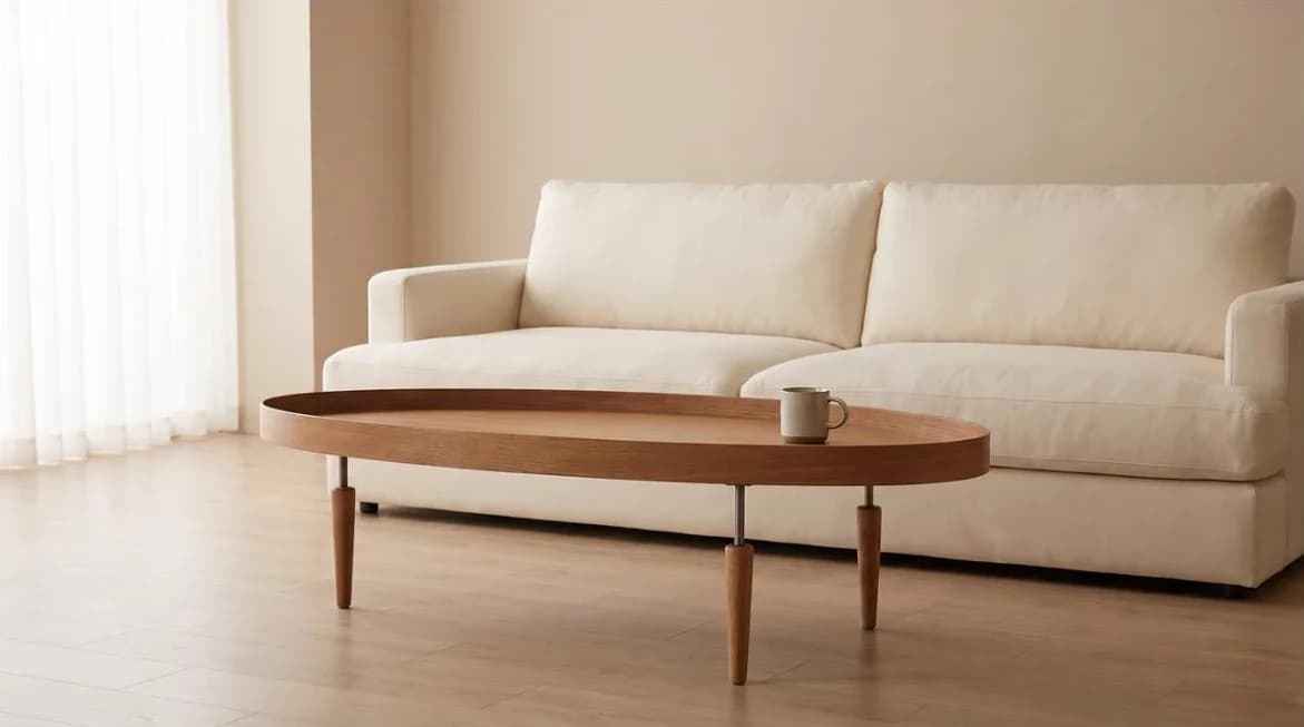 Mesa de centro oval alta em frente ao sofá claro da sala