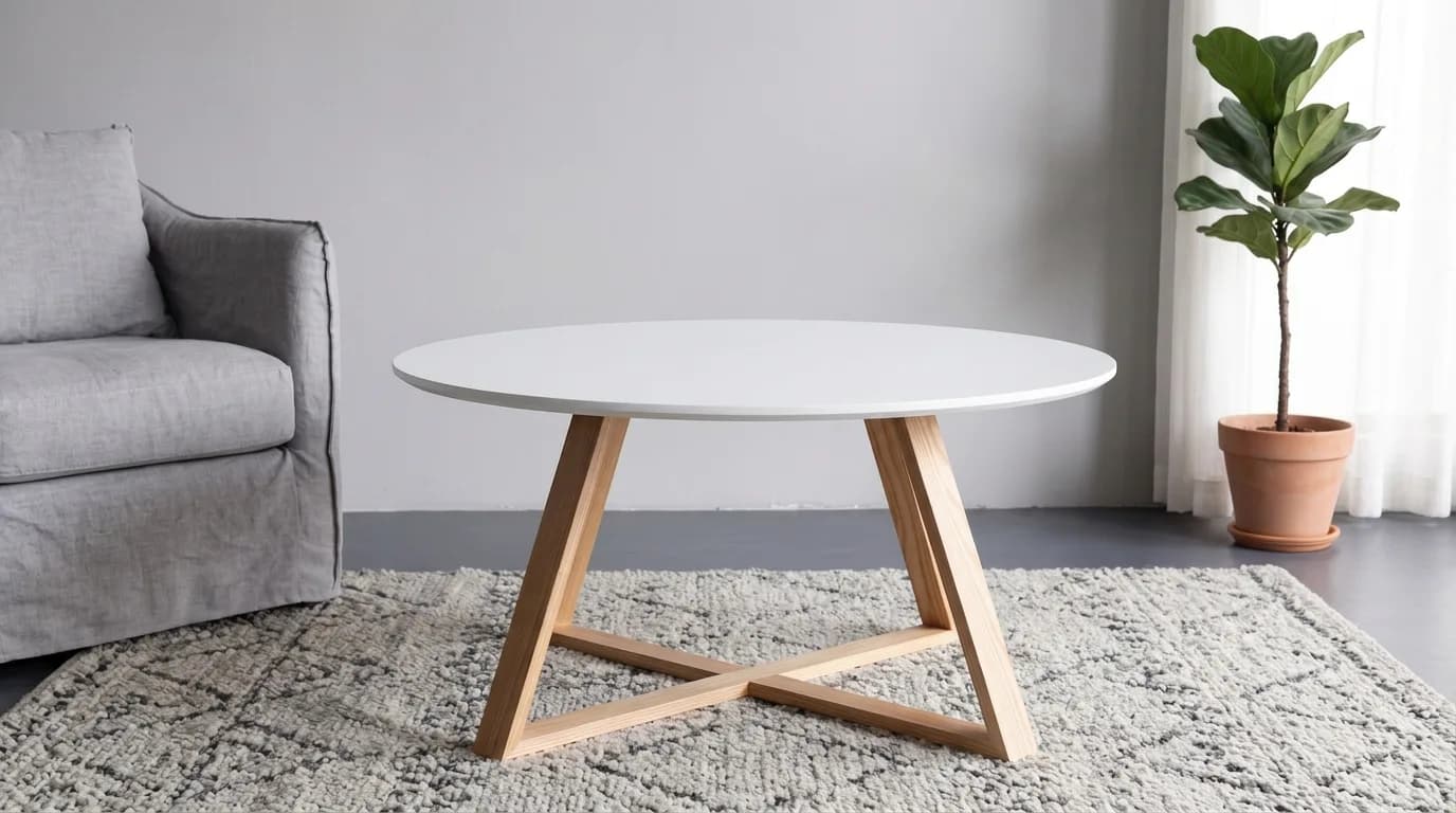 Conjunto de duas mesas redondas com tampo branco e pés de madeira