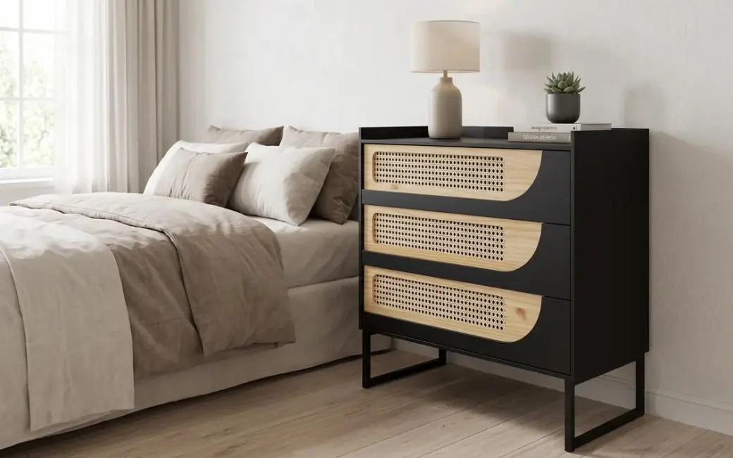Cômoda preta com frentes de palhinha ao lado da cama