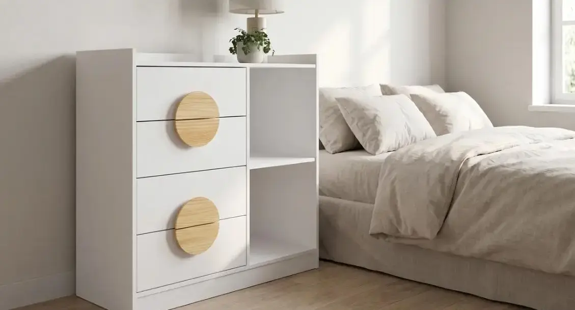 Cômoda branca com puxadores redondos de pinus ao lado da cama
