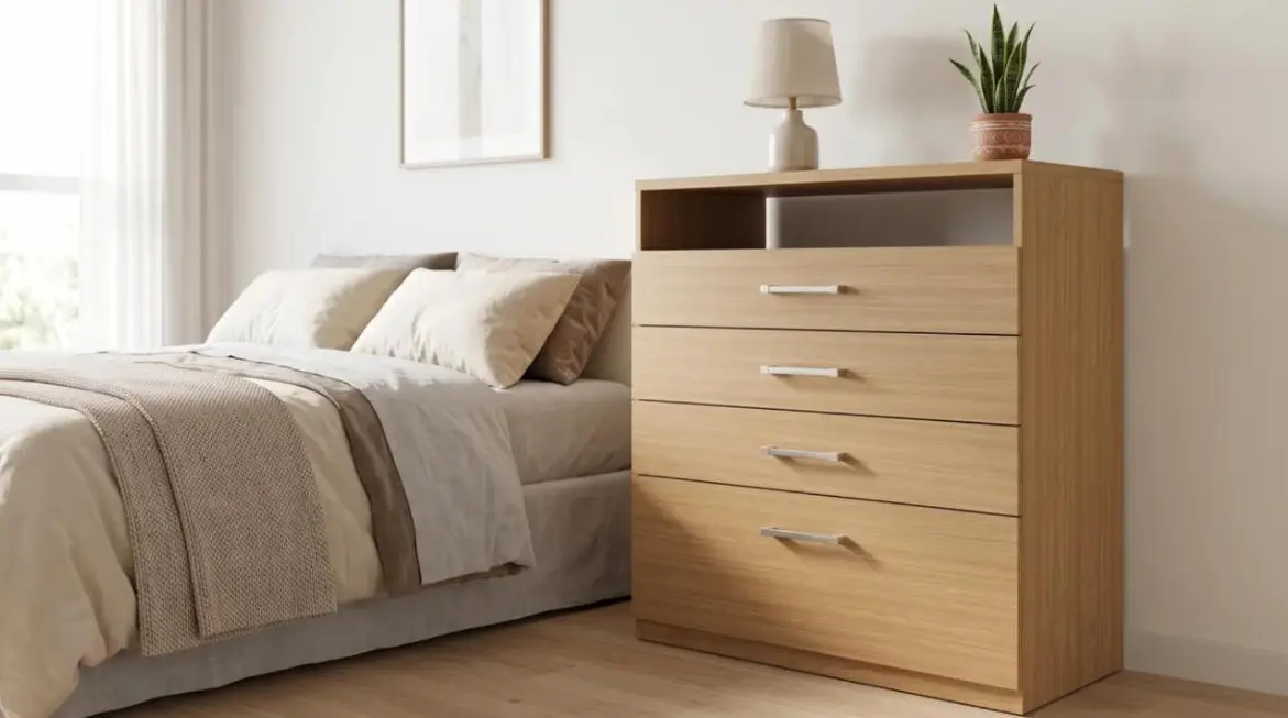 Cômoda robusta em tom cedro com nicho no topo, ao lado da cama