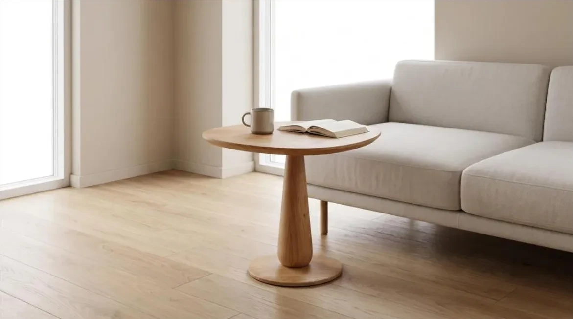 Mesa de apoio base cone ao lado do sofá, com caneca e livro no tampo