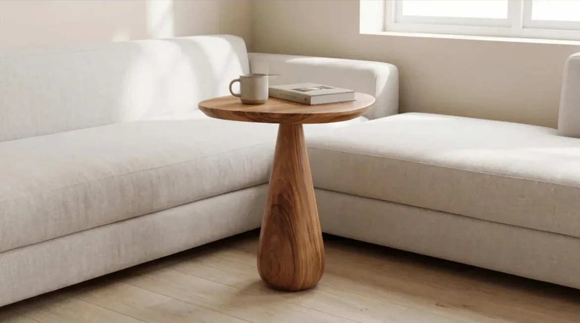 Mesa de apoio alta com base em gota ao lado do sofá claro
