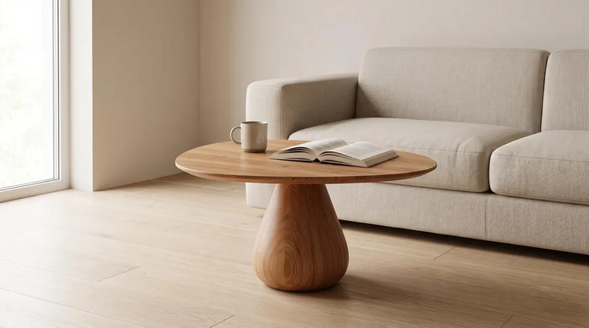 Mesa de apoio com base em gota ao lado do sofá claro, com caneca e livro