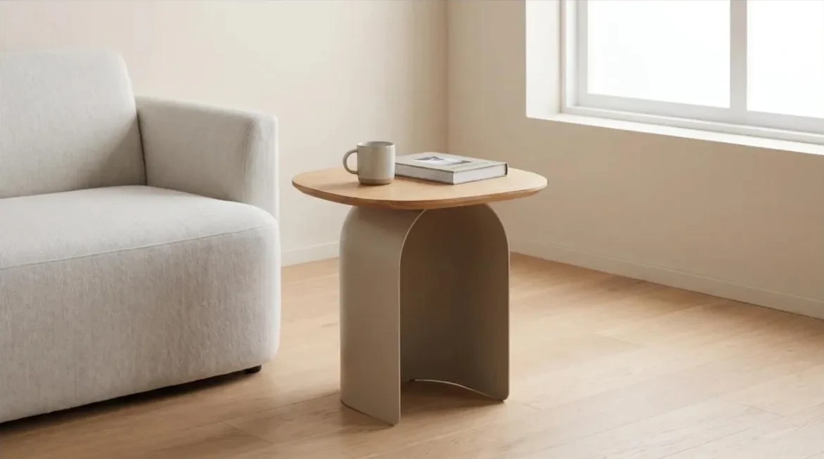Mesa de apoio com base de chapa curvada ao lado da poltrona clara