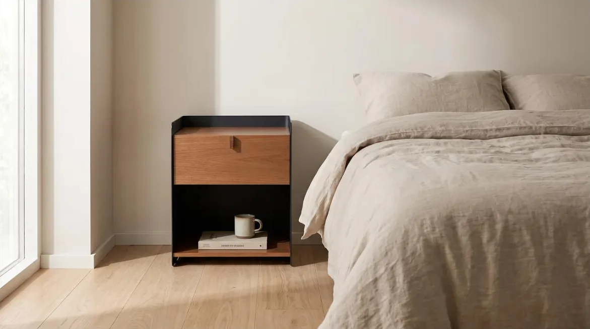 Mesa de cabeceira com nicho aberto e estrutura de aço preta ao lado da cama