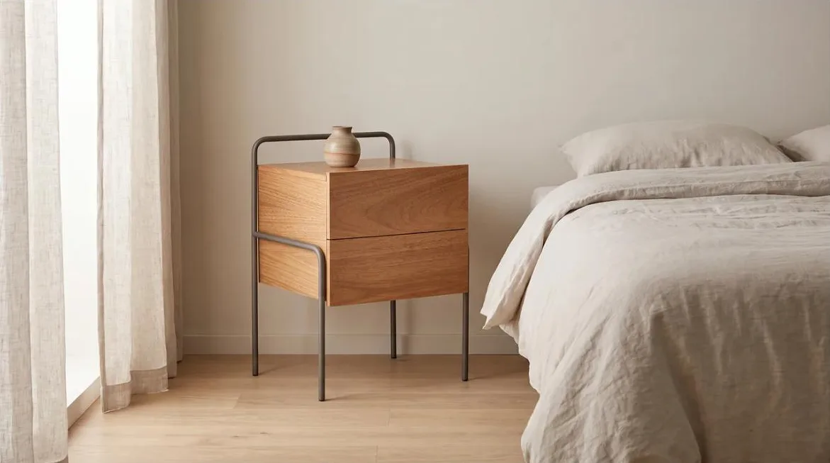 Mesa de cabeceira suspensa em metal grafite ao lado da cama, no quarto claro