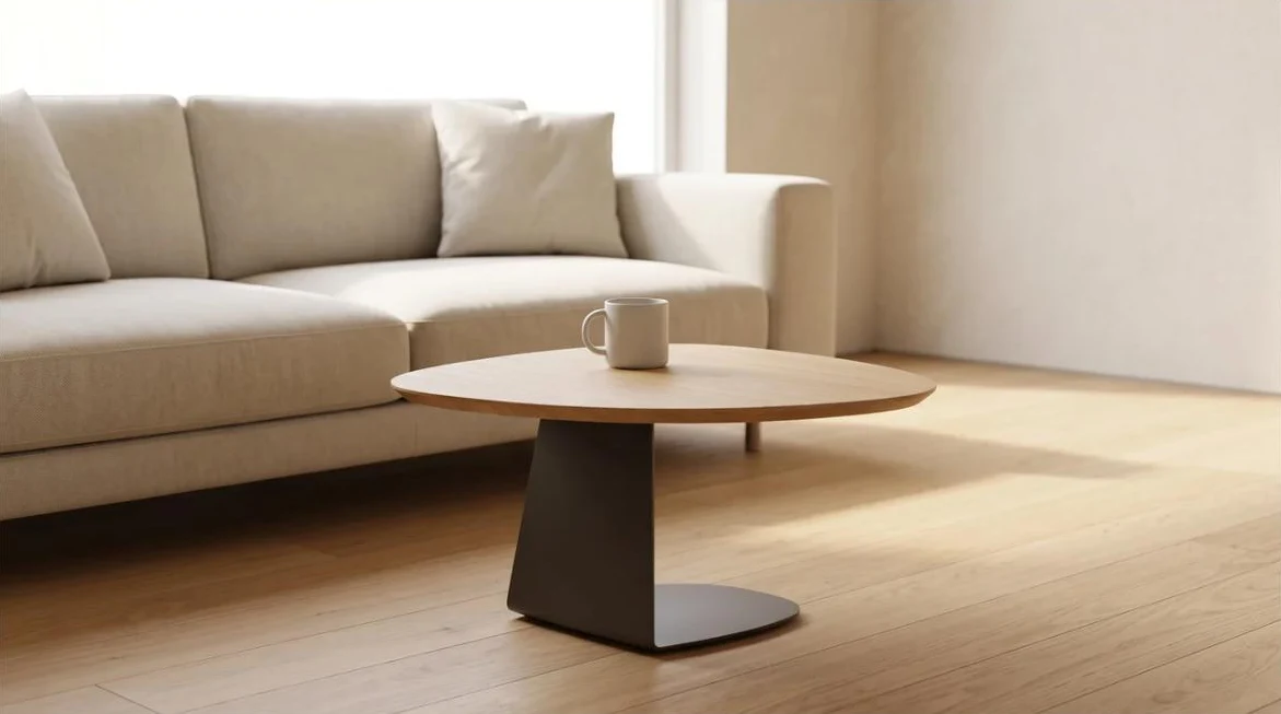 Mesa lateral orgânica ao lado do sofá claro na sala
