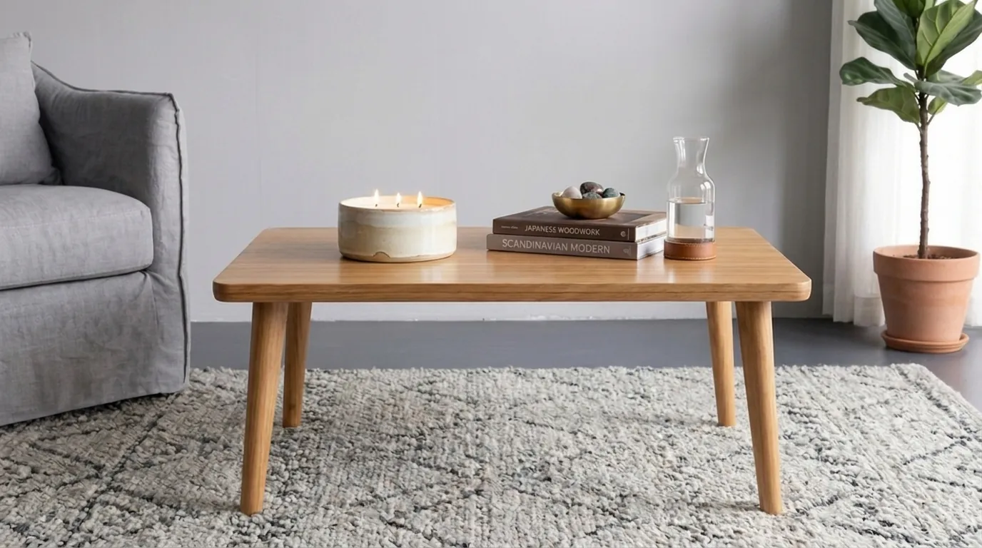 Detalhe do tampo amadeirado da mesa de centro com vela, livros e jarra