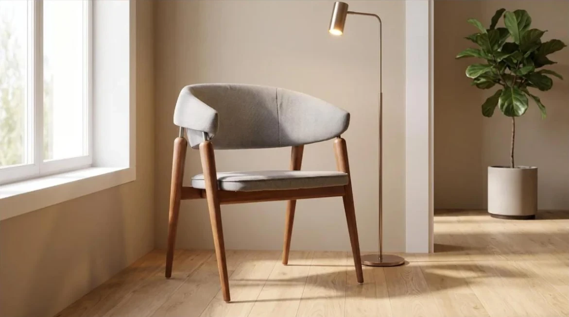 Poltrona compacta de encosto curvo cinza na sala clara com planta