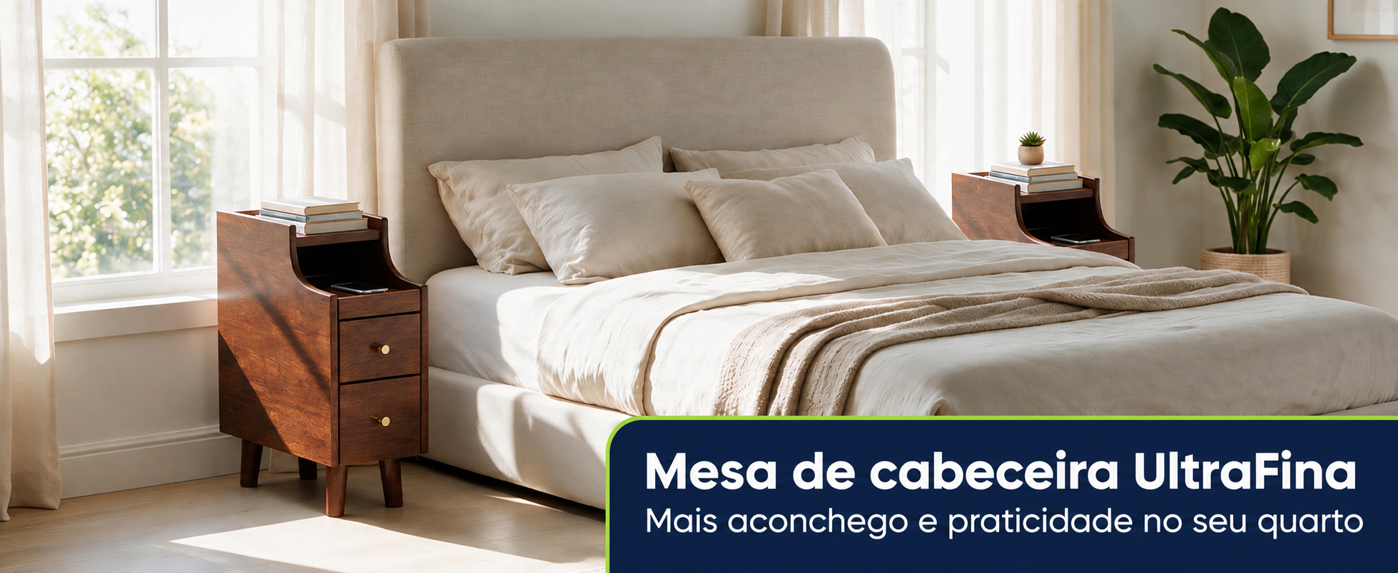 Duas mesas UltraFina em madeira, uma de cada lado da cama, em um quarto claro